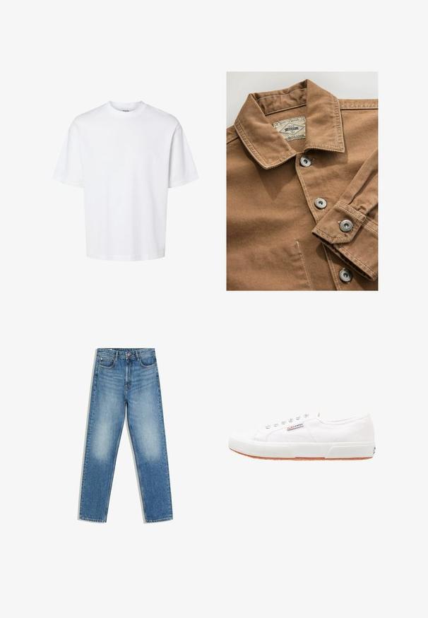 Braune Jeanshemden mit Kragen, silbernen Druckknöpfen und kontrastierenden weißen Nähten. Das Etikett trägt die Aufschrift "Next Durable Goods."; Schlichtes weißes T-Shirt mit kurzen Ärmeln und Rundhalsausschnitt in lockerer Passform, dargestellt auf einem einfarbigen Hintergrund.; Blaue Denim-Jeans mit hoher Taille, frontaler Knopfleiste und Reißverschluss, zwei Vordertaschen und ausgebleichten Stellen an den Oberschenkeln und Knien.; Weiße Leinensneaker mit Gummisohle, Schnürdesign und einem kleinen Logolabel an der Seite. Strukturierte weiße Oberseite und braune Außensohle.