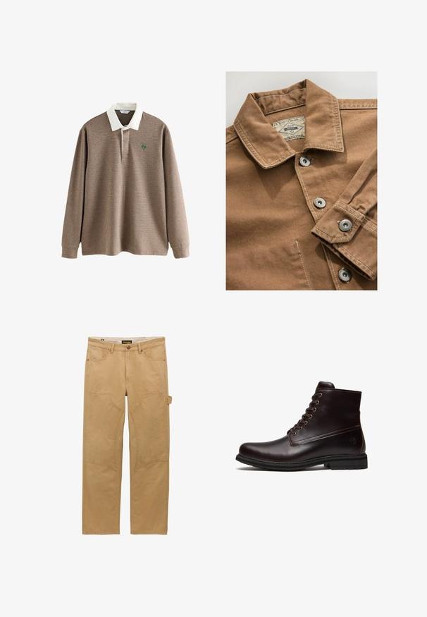 Chemise en denim brun avec un col, des boutons pressions argentés et des coutures blanches contrastantes. L'étiquette indique "Next Durable Goods."; Chemise de rugby à manches longues à carreaux marron avec col blanc et logo "N" vert brodé sur le côté gauche de la poitrine.; Pantalon de travail marron clair à jambes droites avec renforts aux genoux, poches avant, passants pour ceinture et boucle latérale pour outils.; Bottine en cuir marron foncé à lacets avec semelle en caoutchouc et logo embossé subtil près du talon, vue de côté extérieur.