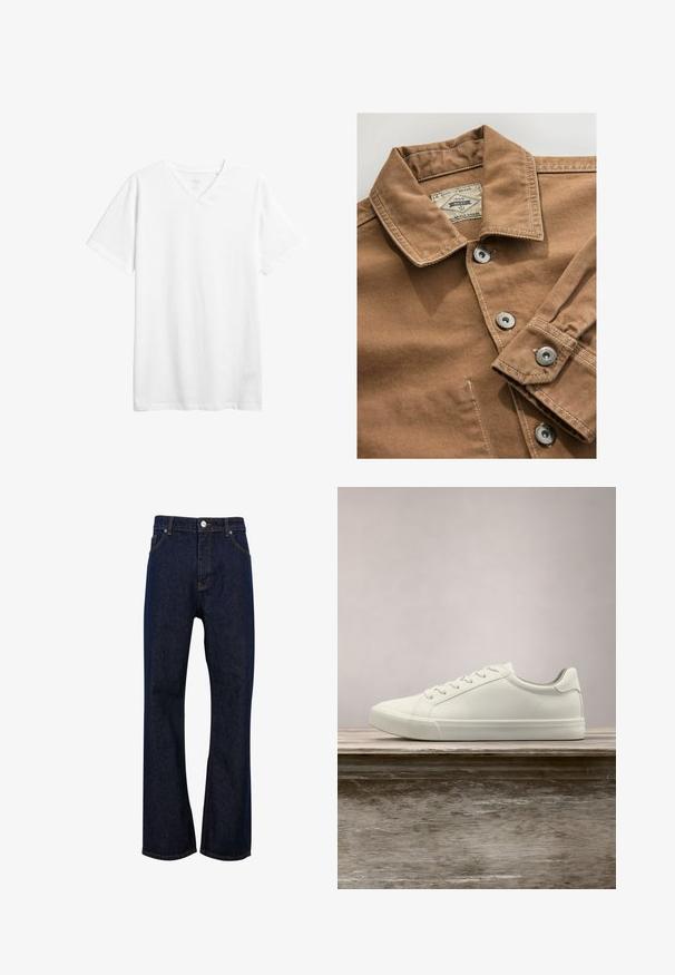 Bruine denim overhemd met een kraag, zilveren drukknoopjes en contrasterende witte stiksels. Etiket zegt "Next Durable Goods."; Witte korte mouwen v-hals t-shirt gemaakt van katoen. Beschikt over een relaxte pasvorm en een zachte textuur zonder zichtbare patronen of graphics.; Donkerblauwe recht gesneden spijkerbroek met knoop aan de voorkant, ritssluiting, riemlussen en voorzakken.; Witte vetersneaker die boven een houten bank zweeft met groene bladeren op de achtergrond, waarbij het ontwerp en de textuur van de schoen worden getoond.