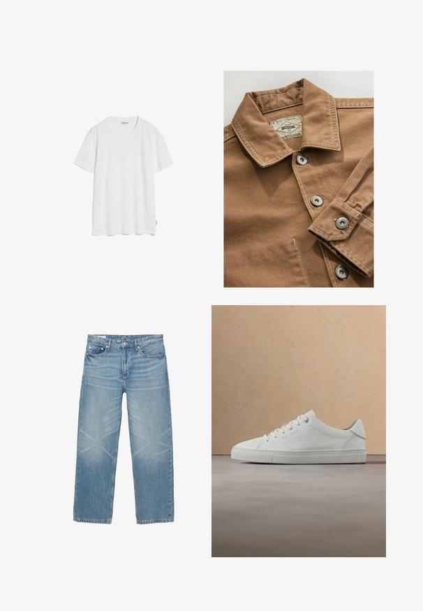 Bruine denim overhemd met een kraag, zilveren drukknoopjes en contrasterende witte stiksels. Etiket zegt "Next Durable Goods."; Witte katoenen T-shirt met korte mouwen, een ronde halslijn en een rechte zoom. Geen zichtbare patronen of logo's. Zachte textuur.; Lichtblauwe denim jeans met een rechte pijp, vijf zakken en een knoopsluiting. De stof heeft subtiele vervagingen en wassingstrepen.; Witte leren lage sneaker met veters, zwevend boven een beige vloerkleed met textuur, vlakbij een ronde houten salontafel met boeken.