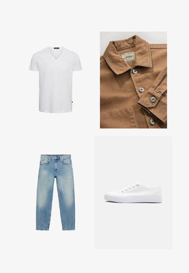 Brun denimskjorte med krave, sølvnap knapper og kontrasterende hvid syning. Etiket læser "Next Durable Goods."; Hvid kortærmet V-hals t-shirt lavet af bomuld, med regulær pasform og et lille logo mærke på den nederste venstre side.; Blå straight-leg denim jeans med forlommer og bæltestropper, der viser let falmede detaljer på lår og knæ.; Lavtop hvid lærredsneaker med hvide snørebånd, gummisål og metaløjer, vist fra ydersiden på en ensfarvet baggrund.