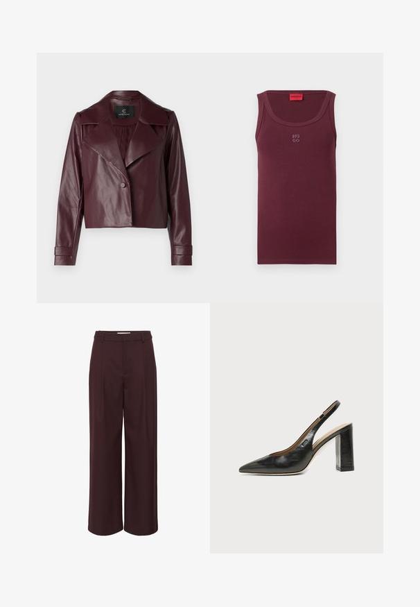 Veste courte en cuir bordeaux avec un col en V, fermeture à boutons et manches longues. Texture lisse avec des épaules et des poignets structurés.; Débardeur bordeaux en coton, avec un col rond, une coupe sans manches, et un petit logo brodé "HUGO" à l'avant.; Pantalons à larges jambes en bordeaux profond, fabriqués dans un tissu lisse. Présente une taille haute avec des plis et de simples passants de ceinture pour un look ajusté.; Chaussure slingback en cuir noir à bout pointu avec un talon bloc haut et une doublure intérieure beige sur un fond clair uni.