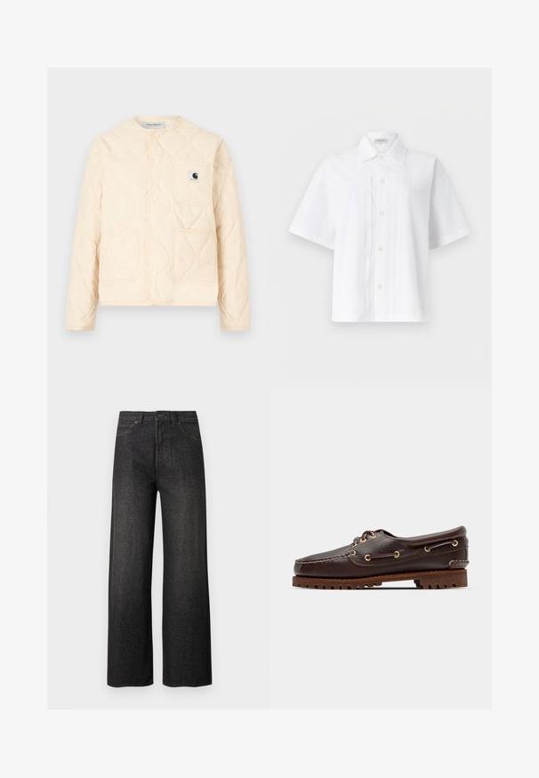 Veste matelassée couleur crème avec encolure ronde, fermeture par boutons-pression, trois poches avant, et une petite écusson logo noir et blanc sur la poche poitrine.; Chemise blanche à manches courtes avec col et plis verticaux sur le devant, présentée sur un fond clair uni.; Jean noir taille haute à jambes larges avec poches avant, fermeture à boutons et passants pour ceinture sur un fond clair uni.; Bateau en cuir marron avec des œillets dorés, des lacets ronds et une semelle en caoutchouc marron texturée. Présente des détails de couture et un logo en relief.