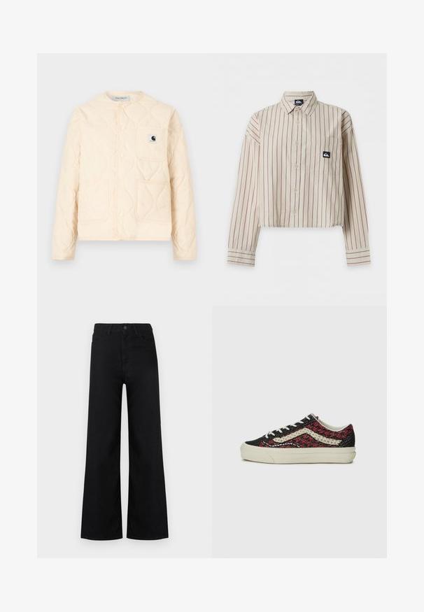 Roomkleurig doorgestikt jack met ronde halslijn, drukknoopsluiting, drie voorzakken en een klein zwart-wit logoplaatje op de borstzak.; Beige cropped blouse met knopen, rode verticale strepen, lange mouwen, borstzak en kleine zwart-witte logo patch op de zak.; Zwarte high-waist wijde jeans met steekzakken aan de voorkant en achterkant, knoop- en ritssluiting, afgebeeld tegen een witte achtergrond.; Vans OLD SKOOL 36 UNISEX - Sneakers laag - bordeaux