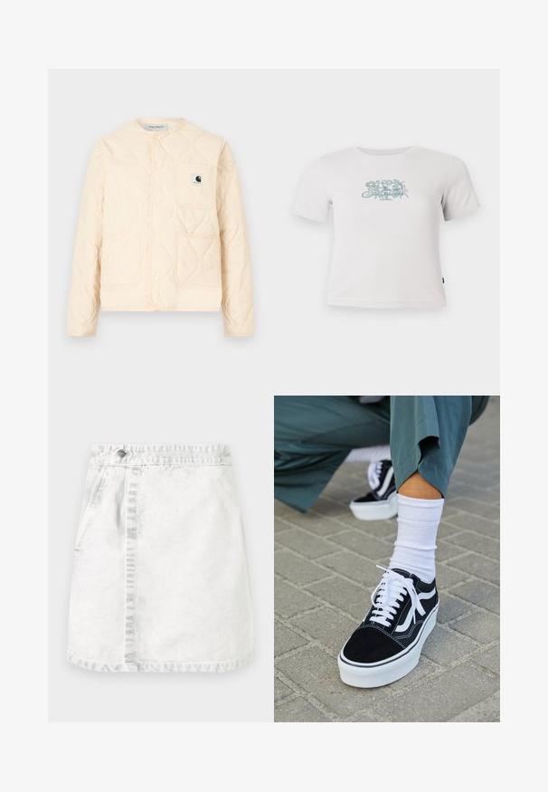 Roomkleurig doorgestikt jack met ronde halslijn, drukknoopsluiting, drie voorzakken en een klein zwart-wit logoplaatje op de borstzak.; Korte witte geribbelde T-shirt met korte mouwen en een kleine groene bloemenafbeelding in het midden van de borst.; Denimrok in lichtgrijs. A-lijn ontwerp met voorzakken, een zichtbare naad in het midden en een enkele metalen knop op de tailleband.; Zwarte suède sneaker met witte accenten en veters, uitgerust met een dikke witte zool en contrasterende stiksels, gecombineerd met een witte sok.