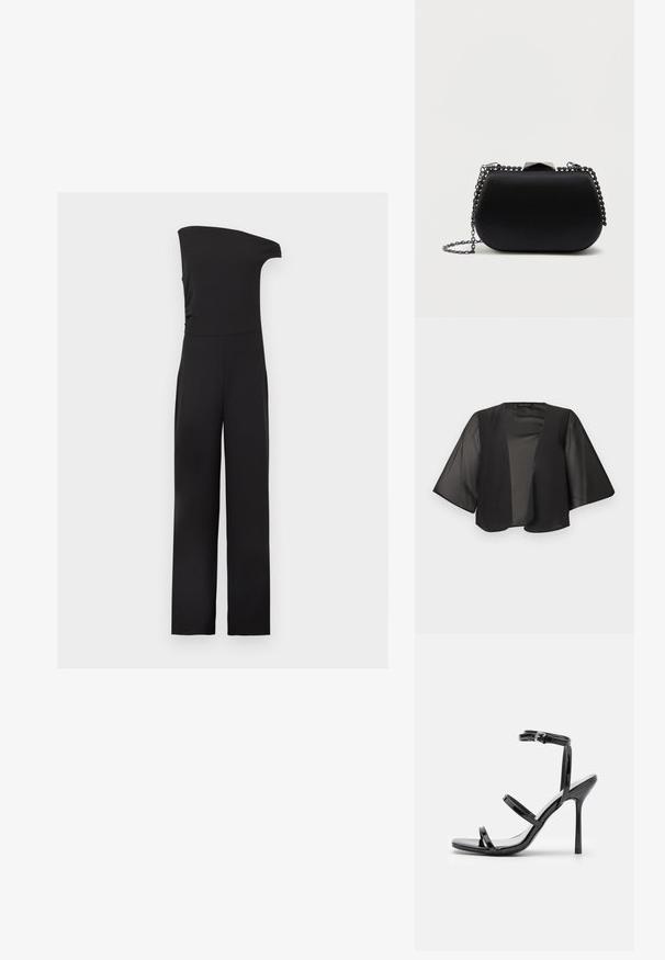 Schwarze, durchsichtige Bluse mit offenem Vorderteil, weiten Kimonoärmeln, leichtem Stoff und lockerem Sitz.; Schwarzer ärmelloser Jumpsuit mit asymmetrischem Ein-Schulter-Design und weitem Bein auf hellem, einfarbigem Hintergrund.; Schwarze Lackleder-High-Heel-Sandalen mit drei horizontalen Riemen und einem verstellbaren Knöchelriemen. Schlanke Silhouette und glänzende Oberfläche.; Schwarze Clutch mit einer glatten, matten Oberfläche, runder Form und einem silbernen Kettenriemen. Mit einem geometrischen Verschlussdetail oben.