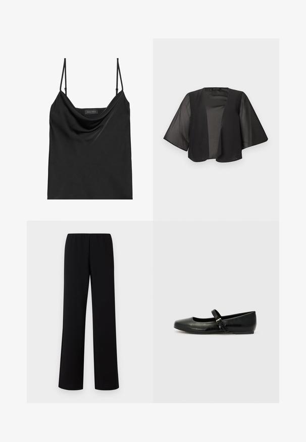 Zwarte doorschijnende blouse met open voorkant, brede kimono-mouwen, lichtgewicht stof en relaxte pasvorm.; Zwarte cami-top met een colhals en dunne verstelbare bandjes. Heeft een zachte stof, relaxed fit en een eenvoudig ontwerp zonder versieringen.; Zwarte wijde broek met elastische tailleband, gemaakt van een gladde stof, met een strak, minimalistisch ontwerp zonder versieringen.; Zwarte leren balletschoenen met een ronde neus, een platte zool en een dunne verstelbare band over de wreef met een metalen gesp.
