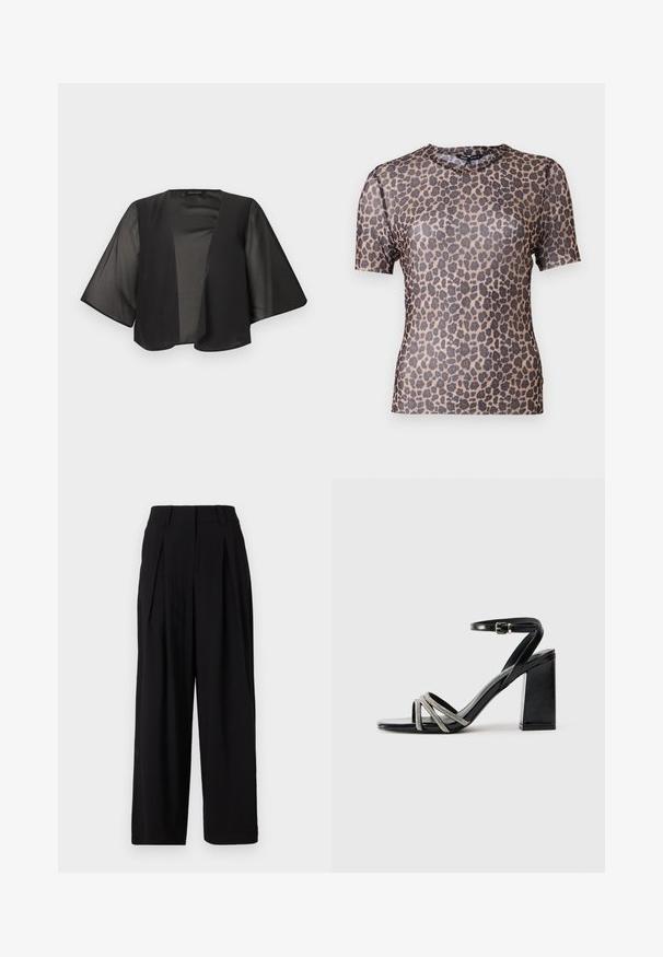 Blusa negra translúcida con abertura frontal, mangas anchas tipo kimono, tejido ligero y ajuste relajado.; Top de manga corta con estampado de leopardo, en una tela ligera y transparente, con un escote redondeado y una textura suave. El diseño presenta manchas marrón oscura.; Pantalones de pierna ancha negros, hechos de una tela suave, con una cinturilla alta, pliegues en la parte delantera y una silueta fluida.; Sándala negra de tacón alto con un tacón bloque, que presenta una correa con acentos metálicos y tres bandas cruzadas en la puntera.