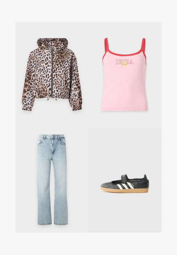 Hoodie met luipaardprint, voorzien van een ritssluiting aan de voorkant, verstelbare trekkoorden aan de zoom, elastische manchetten en twee zijzakken.; Roze mouwloze tanktop met rode bies en bandjes, met de tekst "IBIZA SPAIN" en een kleine zonafbeelding op de borst.; Lichtblauwe spijkerbroek met hoge taille, wijde pijpen en subtiele vervaging. Heeft een klassiek vijf-pocketontwerp en een metalen knoopsluiting.; Zwarte leren en suède sneaker met een klittenbandsluiting, voorzien van drie witte strepen en een gumzool, met de naam "SAMBA" aan de zijkant.