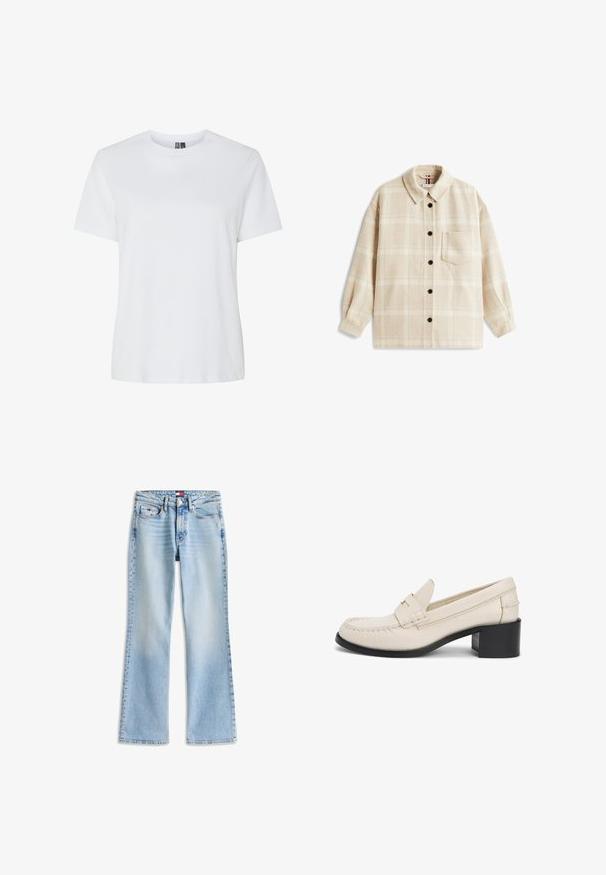 Chaqueta de camisa de cuadros beige hecha de tela suave, con cierre de botones en la parte delantera, botones negros, cuello de camisa y un bolsillo en el pecho.; Camiseta de algodón blanca con mangas cortas y escote redondo. Textura suave, corte relajado y sin patrones ni acentos visibles.; Vaqueros de mezclilla azul claro con cintura alta, cierre de botón y cremallera, cinco bolsillos y piernas ligeramente acampanadas.; Mocasín de cuero color crema para mujer con tacón bajo en bloque y costuras estilo mocasín en la parte delantera.