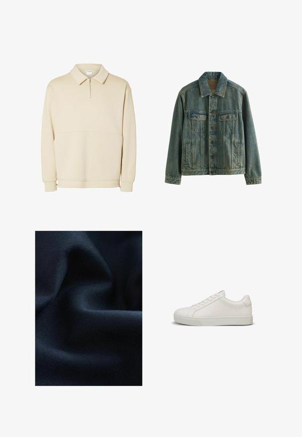 Blå denimjakke med knapper foran, to brystlommer med klap og to sidelommer med slidser, vist på hvid baggrund.; Beige pullover sweatshirts lavet af blødt stof, med lynlås i halsen, krave og en afslappet pasform med en simpel vandret sømdetalje.; Mørkeblå stof med en glat tekstur og subtilt ribbet mønster, der viser bløde folder og rynker. Materialet fremstår blødt og let.; Hvide lædersneakers med en glat tekstur, rundet tå, snørelukning med seks huller og en tyk gummisål. Minimalistisk design med diskrete syninger.