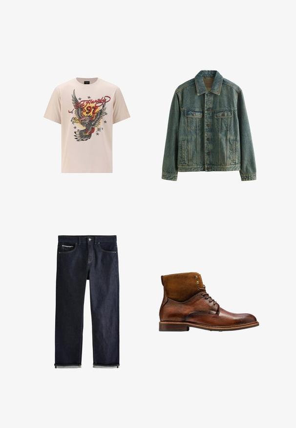 Blaue Jeansjacke mit Knopfleiste, zwei Brustklappentaschen und zwei seitlichen Einschubtaschen, auf weißem Hintergrund dargestellt.; Beige Baumwoll-T-Shirt mit einem großen Adler-Graphic, roten und gelben Akzenten, "Ed Hardy"-Schriftzug und Sternen in einem strukturierten Druckdesign.; Dunkelblaue Jeans aus Denim mit klassischem geradem Schnitt, fünf Taschen, Knopfverschluss und umgeschlagenen Bündchen, die eine hellblaue Innenseite zeigen.; Kazar ALID - Schnürstiefelette - brown
