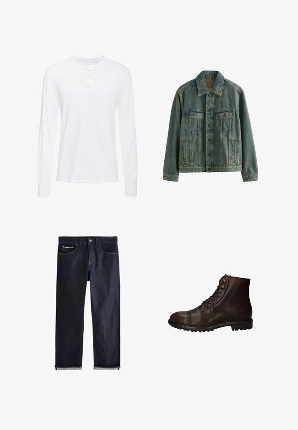 Veste en denim bleu avec fermeture à boutons, deux poches à rabat sur la poitrine et deux poches latérales fendues, présentée sur un fond blanc.; Chemise henley à manches longues blanche en tissu léger, avec un col rond, une patte de boutonnage à trois boutons et des poignets ajustés.; Jean en denim bleu foncé avec revers roulés, fermeture bouton et zip, poches avant et poche monnaie, et coutures contrastées sur fond blanc.; Bottines montantes en cuir brun foncé à lacets, avec une semelle en caoutchouc robuste et des œillets en métal, vues du côté extérieur.