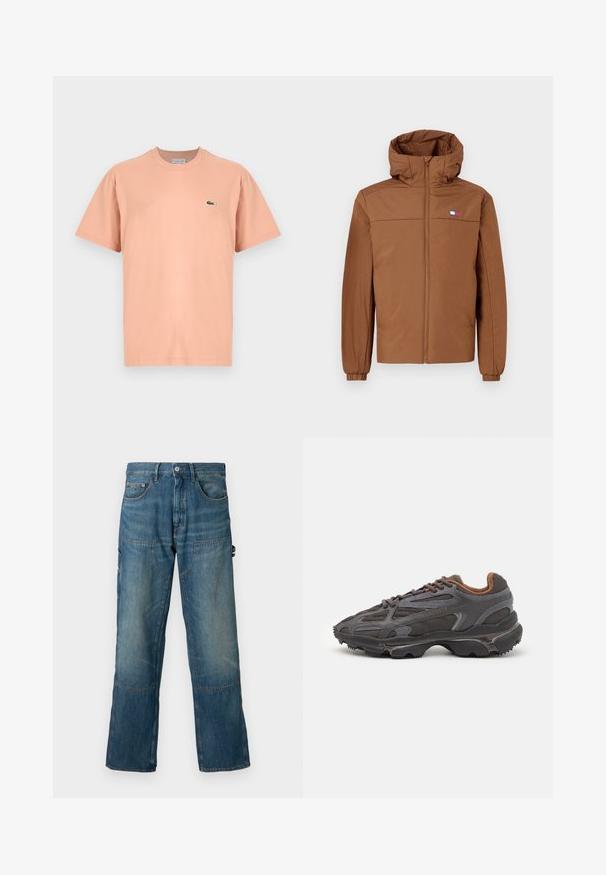 Chaqueta marrón con cremallera y capucha, hecha de material ligero. Presenta puños elásticos y un pequeño logo en el lado izquierdo del pecho.; Camiseta de manga corta y cuello redondo en algodón color durazno claro con un pequeño logo de cocodrilo verde de Lacoste en el lado izquierdo del pecho.; Jeans de mezclilla en un tono azul medio, con un corte relajado, bolsillos delanteros y costuras en contraste. Incluye detalles de panel en las piernas.; Zapatillas Lacoste en gris oscuro con material de malla y sintético, que cuentan con una suela texturizada y detalles en marrón en el cuello y la marca.