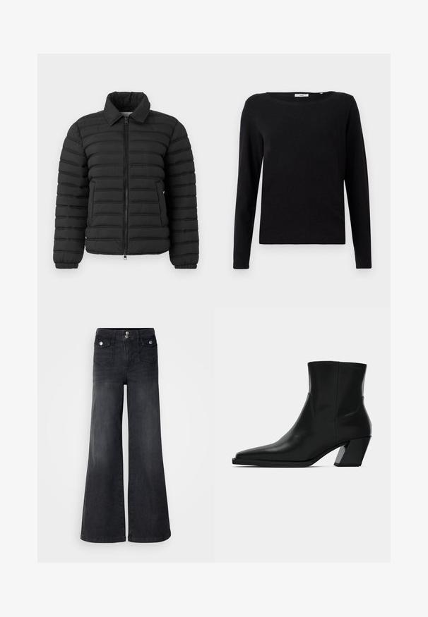 Replay JACKET - Bomberjakke - black; Sort langærmet T-shirt lavet af bomuld. Har en rund hals og en afslappet pasform. Glat tekstur uden synlige mønstre eller dekorationer.; Sorte denim brede ben jeans med høj talje, forknapper og to forlommer; glat tekstur med en let falmet finish.; Sortlæder ankelstøvle med spids tå, en slank silhuet og en kraftig firkantet hæl. Glat tekstur med minimale stikninger.