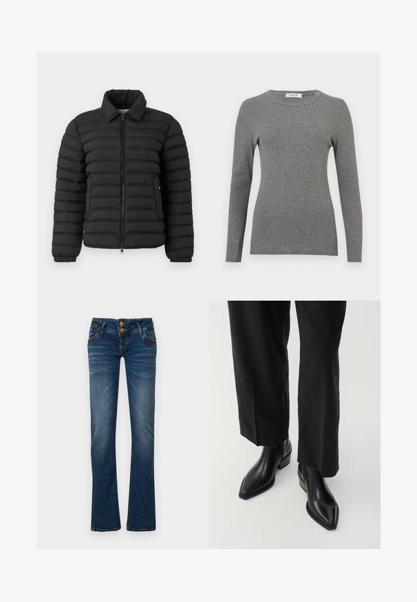 Replay JACKET - Bombera - black; Sivý dlhý rukáv top vyrobený z mäkkého rebrovaného materiálu. Má zaoblený výstrih a priliehavý strih, s minimálnymi akcentmi alebo vzormi.; Tmavomodré bootcut džíny s dvoma prednými gombíkmi, piatimi vreckami a jemným vyblednutím na stehnách a kolenách.; Čierne kožené členkové čižmy s špicatou špičkou, hladkou textúrou a štvorcovým podpätkom. Spárované s čiernymi širokými nohavicami, čím vytvárajú elegantný siluet.