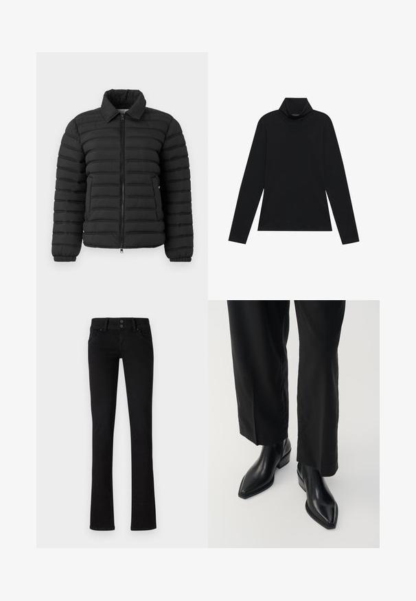 Replay JACKET - Bomberjakke - black; Sort turtleneck med lange ærmer. Blødt stof, tætsiddende design, høj krave og sidesøm. Simpel og alsidig stil, der er velegnet til lag-på-lag.; Sort slim-fit jeans med to frontlommer, bæltestropper og dobbelt knaplukning, præsenteret på en ensfarvet hvid baggrund.; Sorte læder ankelstøvler med spids tå, glat tekstur og firkantet hæl. Kombinationen med sorte, vide bukser skaber en slank silhuet.