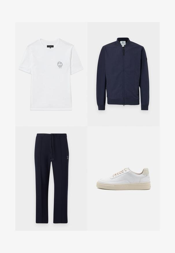 Veste bombardier navy avec fermeture éclair, poignets et ourlet côtelés, et deux poches latérales. Fabriquée en matériau lisse et léger.; T-shirt en coton blanc avec un col rond et des manches courtes. Un petit graphique noir d'un smiley avec des yeux en 'x' sur le côté gauche de la poitrine.; Pantalons navy à coupe décontractée, avec une taille à cordon de serrage et des poches latérales. Tissu lisse avec de légères plis à l'avant et un détail de logo.; Sneaker blanche avec un dessus en cuir lisse, des lacets beige et un onglet de talon en daim beige texturé. Semelle surélevée pour une hauteur supplémentaire.