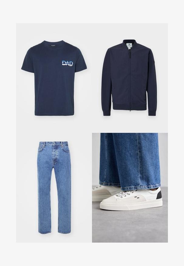Marine bomberjakke med lynlås, ribbede manchetter og kant samt to sidelommer. Fremstillet af glat, let materiale.; Mørkeblå bomulds T-shirt med korte ærmer. Har en hvid grafisk tekst "DAD" på venstre side, i fed skrift. Enkel og afslappet design.; Won Hundred STEVE - Jeans Relaxed Fit - cut blue; Hvide og sorte sneakers med en glat læderoverdel, teksturerede detaljer og en kraftig hvid sål. Har et klassisk snørebåndsdesign.