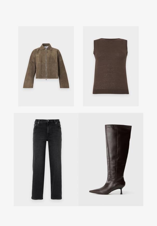 Veste courte en daim marron avec manches longues, fermeture éclair argentée à l'avant et col à revers, présentée sur un fond blanc uni.; Gilet brun en tricot sans manches avec encolure, emmanchures et ourlet côtelés.; Jean en denim noir avec une coupe droite. Comprend une fermeture à bouton, un design à cinq poches et des détails de couture minimes. Texture lisse.; Botte en cuir marron, hauteur genou, avec un bout pointu et un talon fin. Texture lisse et design élégant, arborant une silhouette minimaliste.