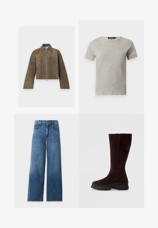 Brun croppet jakke i ruskind med lange ærmer, sølvfarvet lynlås foran og slået krave, vist på en ens hvid baggrund.; Lysegrå kortærmet crew neck bomulds T-shirt med synligt sort mærke inde i kraven med teksten "DENIM" og størrelse "S".; Blå vidde jeans med fem lommer, knaplukning og bæltestropper, lagt fladt på en hvid baggrund.; Brune ruskind knæhøje støvler med rund tå, chunky sort gummisål og minimale syninger på den øverste del.