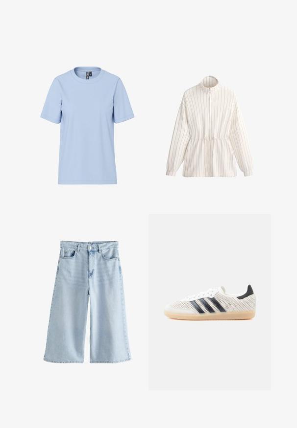 Hvid sweatjakke med lynlås, tynde lodrette sorte striber, lange ærmer, høj krave og justerbar snor i taljen.; Lyseblå t-shirt med korte ærmer lavet af blødt stof, med en klassisk rund halsudskæring og uden synlige mønstre eller detaljer.; Lyseblå vidde shorts i denim med høj talje, knaplukning og lommer foran og bagpå.; Hvide mesh-sneakers med sort tre-stribet design, rundet tå og gummisål. Har blød hælkant og snørelukning.
