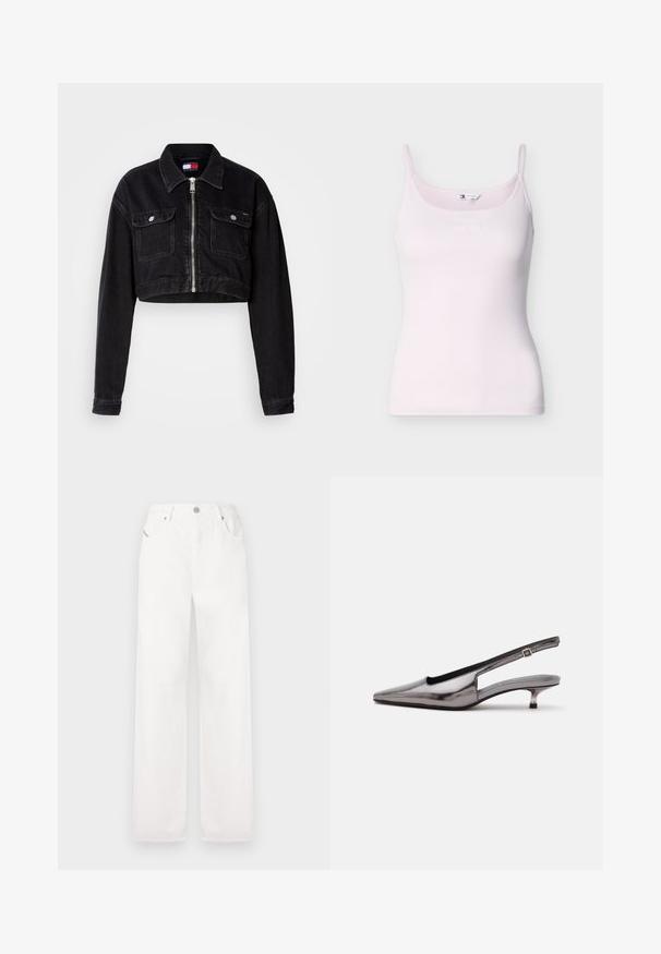 Schwarze, taillierte Jeansjacke mit kragenförmigem Hals, Frontreißverschluss und zwei Brusttaschen. Mit langen Ärmeln und strukturierter Oberfläche.; Hellrosa geripptes Camisole mit dünnen Trägern und subtiler Tommy Jeans-Logo auf der Brust, vor weißem Hintergrund dargestellt.; Weiße Baumwolle-Weitbein-Hosen mit klassischem Fünf-Taschen-Design und Metallknopfverschluss, ausgestattet mit dezenten Stickdetails.; Metallic-grauer Slingback-Schuh mit spitzer Schuhspitze, niedrigem Kittenabsatz und verstellbarem Riemen auf weißem Hintergrund.