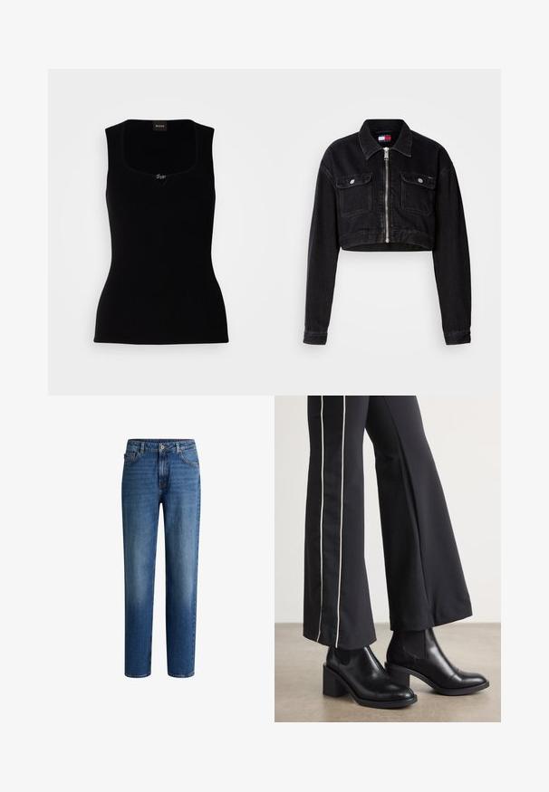 Schwarze, taillierte Jeansjacke mit kragenförmigem Hals, Frontreißverschluss und zwei Brusttaschen. Mit langen Ärmeln und strukturierter Oberfläche.; Schwarzes geripptes Tanktop mit quadratischem Ausschnitt, versehen mit einem kleinen Logo-Akzent in der Mitte. Hergestellt aus einem weichen, strukturierten Material.; Blaue Denim-Jeans mit geradem Schnitt, Fünf-Taschen-Design und dezenten Verblassungen. Mit einem Gürtelschlaufenbund und einem Metallknopfverschluss.; Schwarze Lederstiefeletten mit einem Blockabsatz, ausgestattet mit elastischen seitlichen Einsätzen. Kombiniert mit schwarzen Hosen, die einen weißen Seitenstreifen haben.