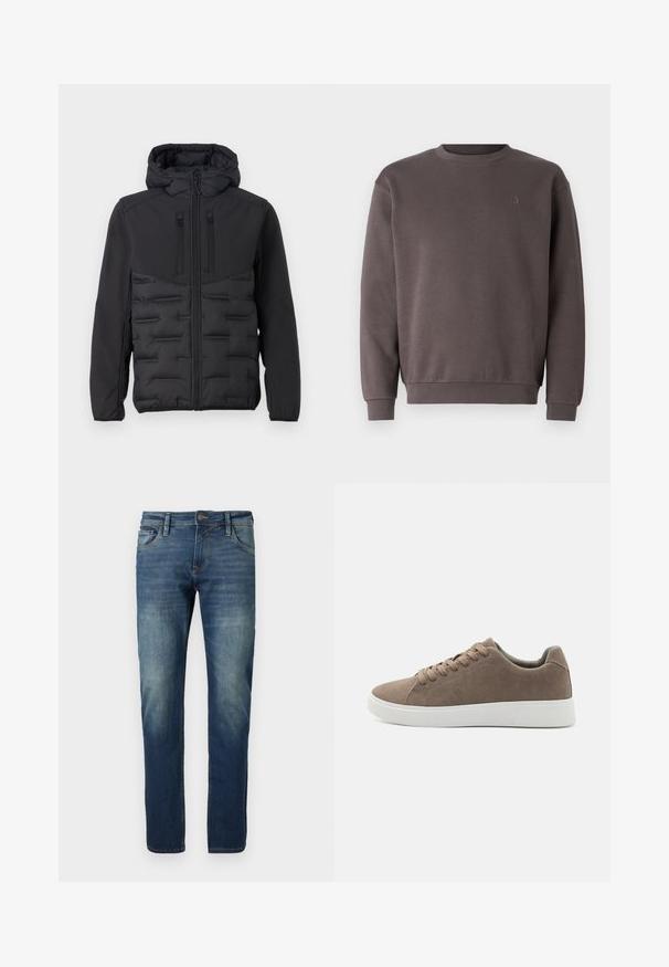 TOM TAILOR DENIM HYBRID - Jas - black; Grijs katoenen sweatshirt met een ronde hals, geribde manchetten en zoom. Bevat een klein, ton-sur-ton logo op de borst. Zachte textuur.; Blauwe denim jeans met een rechte pijp, vervaagde voorkant, contrasterende stiksels, vijf zakken en een knoopsluiting.; Bruine suède sneakers met platte witte rubberen zolen, vetersluiting, ronde neus en een gladde textuur. Minimalistische stijl met subtiele stikdetails.
