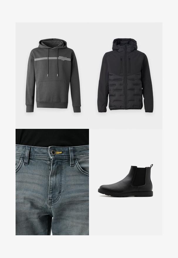 TOM TAILOR DENIM HYBRID - Übergangsjacke - black; Dunkelgrauer Hoodie aus weichem Stoff, mit weißen horizontalen Streifen, einer Kängurutasche und einer verstellbaren Kapuze mit Kordelzug.; Verblasste blaue Jeans aus Denim mit einem Knopfverschluss, gelben Akzenten am Bund und klassischem Fünf-Taschen-Design. Die Textur wirkt weich und abgenutzt.; Schwarze Leder-Chelsea-Stiefel mit elastischen Seitenpaneelen, einem Zugband und einer robusten Gummisohle. Glatte Textur und elegantes Design.
