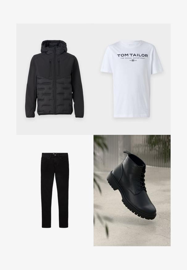 TOM TAILOR DENIM HYBRID - Übergangsjacke - black; Weißes Baumwoll-T-Shirt mit Rundhalsausschnitt, kurzen Ärmeln und navyfarbener Schrift, die "TOM TAILOR THE CASUAL DEPARTMENT 1962" lautet.; Schwarze Jeans aus Denim mit schlanker Passform, fünf Taschen und Knopfverschluss. Glatte Textur und minimale Nähte.; Schwarze Lederstiefeletten mit runder Zehenform, Schnürdesign und robustem Gummisohle. Glatte Textur mit einer Zuglasche an der Rückseite.