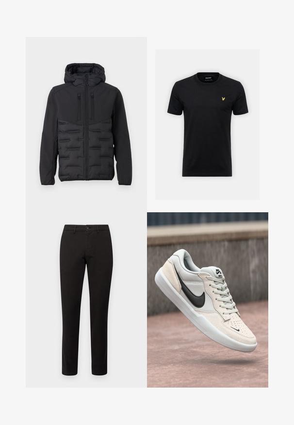 TOM TAILOR DENIM HYBRID - Veste mi-saison - black; T-shirt en coton noir avec un col rond et des manches courtes, arborant un petit logo d'aigle jaune sur la poitrine gauche. Design simple.; Chino noir avec une coupe ajustée, en tissu mélangé coton. Doté d'une fermeture à bouton sur le devant et de cinq poches. Texture lisse, détails minimaux.; Sneaker Nike SB en gris clair et crème, avec une tige en suède, un swoosh noir, des détails texturés et une semelle en caoutchouc blanche.