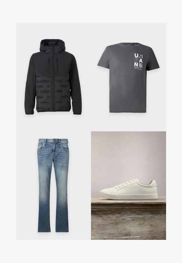 TOM TAILOR DENIM HYBRID - Ľahká bunda - black; TOM TAILOR DENIM Tričko s potlačou - ash grey; Svetlomodré denimové zvonové džínsy s gradientovým praním, dizajn s piatimi vreckami, kovové zapínanie na gombík a viditeľné švy pozdĺž švov.; Biele šnurovacie tenisky sa vznášajú nad drevenou lavicou so zeleným porastom v pozadí, predvádzajúc design a textúru topánok.