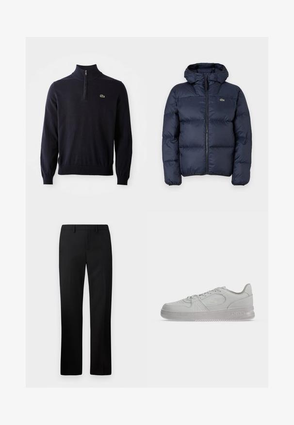 Marinblå polstret jakke med lynlås foran og hætte. Har quiltet design og lille broderet logo på brystet. Glat, syntetisk stof.; Marineblå pullover med kvart-zip hals, ribbede manchetter og kant, lavet af blødt stof, med et lille grønt krokodillelogo på brystet.; Sorte skræddersyede bukser med lige ben-design, lavet af glat stof. Funktioner inkluderer en flad front og mid-rise talje.; Hvid lav Lacoste sneaker med snørebånd, præget logo på siden og tekstureret sål på en ensfarvet baggrund.