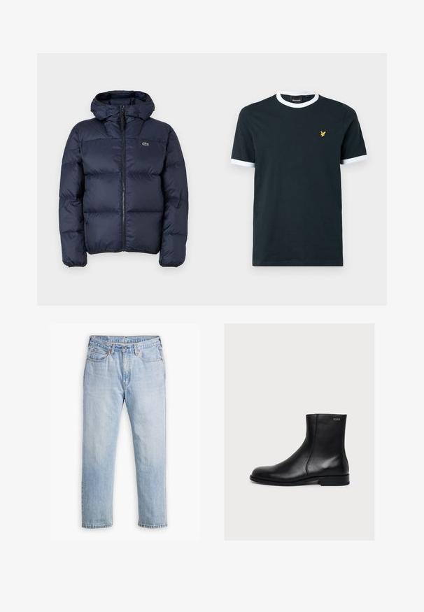 Marinblå polstret jakke med lynlås foran og hætte. Har quiltet design og lille broderet logo på brystet. Glat, syntetisk stof.; Marineblå bomulds T-shirt med hvid ribkant ved kraven og ærmekanterne. Udstyret med et lille gult broderet logo på venstre bryst.; Lysblå denimjeans med lige bendesign, fem lomme stil og kontrastsyet. Knap- og lynlåslukning i taljen.; Sort glat læderankelstøvle med lav hæl og sidelukning med lynlås, mærket Hugo nær den øverste kant.