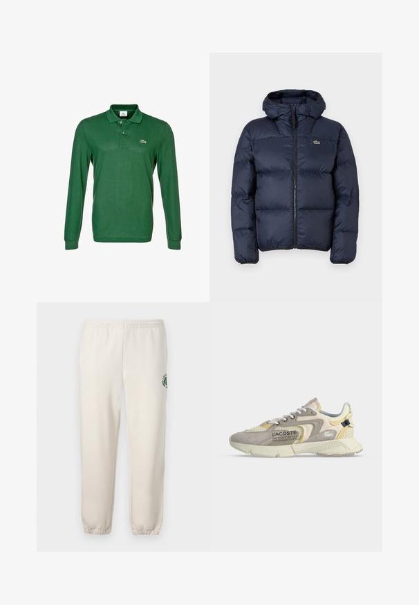 Marineblauwe gewatteerde jas met rits en capuchon. Kenmerkt zich door een gelaagd ontwerp en een klein geborduurd logo op de borst. Glad, synthetisch materiaal.; Groene lange mouwen polo shirt van zacht materiaal. Voorzien van een drie-knopen sluiting en een klein geborduurd logo op de borst.; Lichtbeige sweatpants van katoen, met een elastische tailleband, geribde boorden en een groen logo met een bladerenontwerp op het linkerpand.; Beige en crèmekleurige Lacoste-sneaker met mesh- en suède-overlays, witte veters en merktekst aan de zijkant, gezien vanaf de buitenkant.