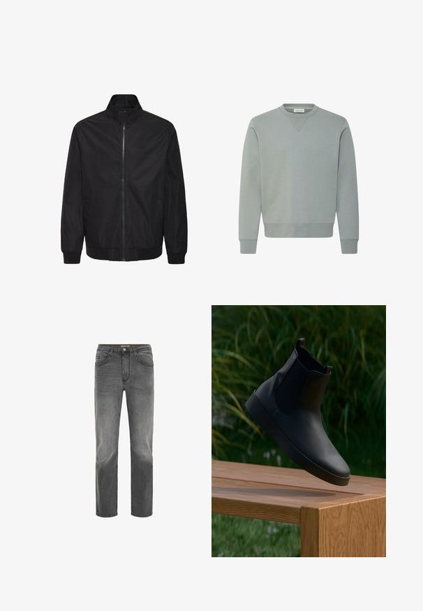 Sort lynlåsjakke med stående krave, lange ærmer, sidelommer samt ribstrikkede manchetter og kant, vist på hvid baggrund.; Lysegrå sweatshirt med rund hals, lange ærmer, ribkanter ved ærmer og kant samt en lille trekantet ribdetalje under halsudskæringen.; Drejede mænds jeans i falmet mørkegrå denim med frontlommer, bæltestropper og knappelukning.; Sort læder ankelstøvle med elastiske sidepaneler, glat overflade, afrundet tå og flad sål, placeret over et træt bord mod en grøn baggrund.