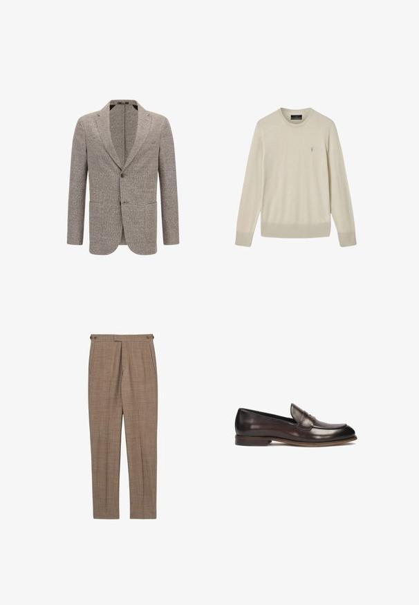 Lysebrun blazer lavet af tekstureret stof, med en spids krave, to forlommer og enkelt knaplukning.; Beige langærmet sweater med rund hals og ribstrikkede manchetter og kant, med en lille broderet logo på venstre bryst.; Brune skræddersyede bukser med sidelommer og knapjusteret talje, lige ben pasform, tekstureret stof.; Mørkebrune læder loafers med en afrundet tå, hævet syning og en let hæl. Glat tekstur og klassisk design.