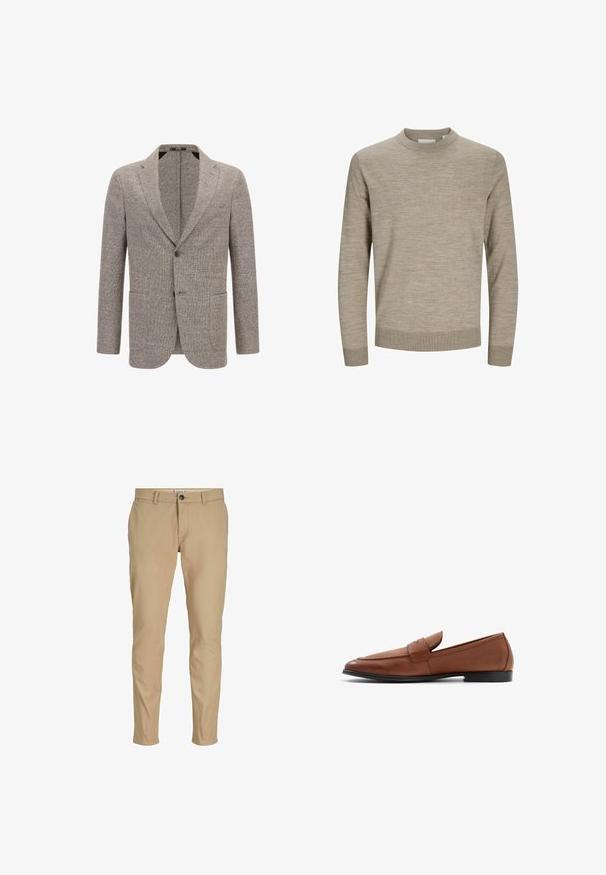 Blazer homme simple boutonnage en tissu brun clair texturé avec revers en encoche et deux poches plaquées avant.; Pull beige à manches longues avec col rond, poignets et ourlet côtelés, présenté sur un fond blanc.; Pantalon beige slim pour homme avec passants de ceinture, fermeture à boutons à l'avant et poches latérales sur fond blanc.; Mocassins en cuir marron avec une silhouette basse, un bout rond et des détails en couture sur le devant. Semelle noire solide avec une finition lisse.