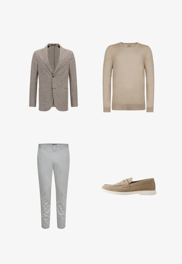 Hellbrauner Blazer aus strukturiertem Stoff, mit Reverskragen, zwei vorderen Taschen und einem Einzelknopfverschluss.; Beigefarbener Langarmpullover mit Rundhalsausschnitt, gerippten Bündchen und Saum, nahtloses Design und weichem Strickstoff.; Hellgraue, maßgeschneiderte Hose mit glatter Textur, ausgestattet mit einem Knopfverschluss, Gürtelschlaufen und Fronttaschen. Design in knöchellanger, verkürzter Form.; Beige Veloursleder-Slipper mit weißer Sohle, abgerundetem Zehenbereich und genähter Verzierung, entworfen für legere oder halbformelle Anlässe, seitlich dargestellt.