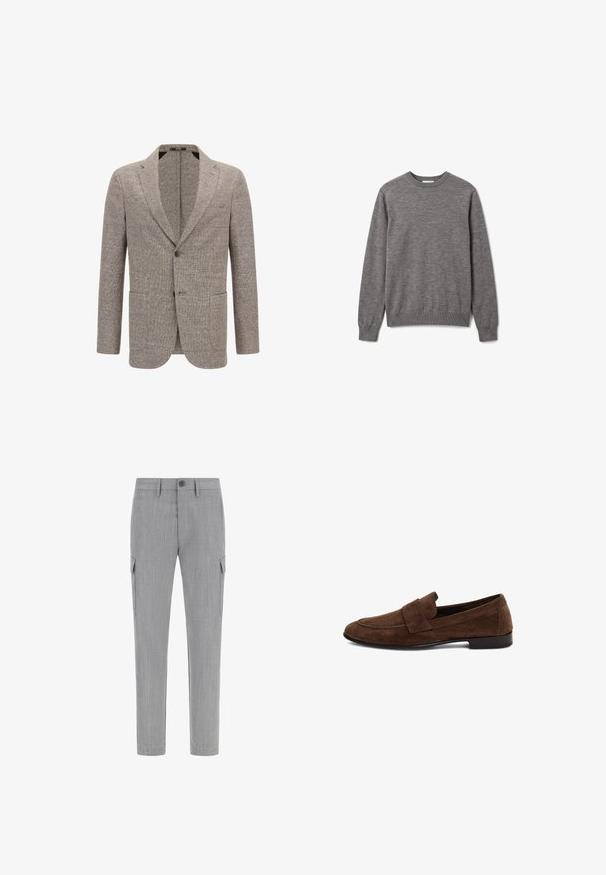 Blazer marron clair en tissu texturé, doté d'un col cranté, de deux poches avant et d'une fermeture à un bouton.; Pull gris pour homme à manches longues et col rond, avec poignets et ourlet côtelés, orné d'un petit logo discret sur la poitrine gauche.; Pantalons cargo gris en tissu texturé, dotés de poches latérales, d'une fermeture à bouton et d'une coupe fuselée.; Mocassins en suède marron avec un talon plat, des détails cousus et une large bande sur le dessus. Texture lisse avec un design à bout arrondi.