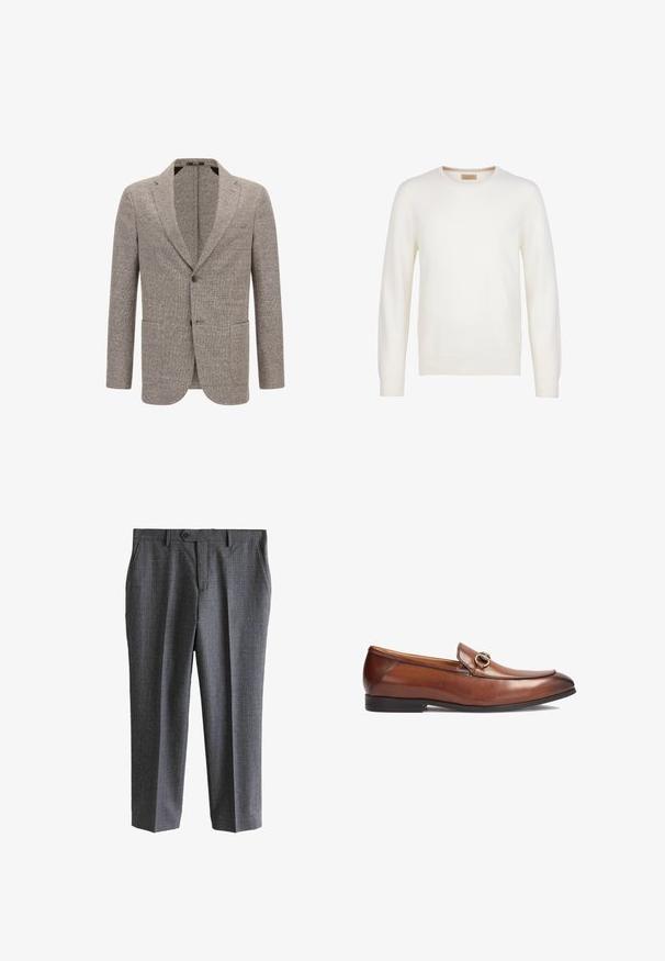 Blazer marron clair en tissu texturé, doté d'un col cranté, de deux poches avant et d'une fermeture à un bouton.; Pull blanc uni à manches longues avec col rond, design simple et petite étiquette marron à l’intérieur du col.; Pantalon gris à motif à carreaux subtil, bouton à l’avant, fermeture éclair, passants de ceinture et poches latérales.; Mocassins en cuir marron avec un bout arrondi, des coutures apparentes et un accent décoratif en métal sur le devant. Semelle en caoutchouc.