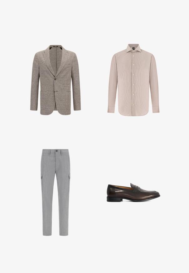 Blazer marron clair en tissu texturé, doté d'un col cranté, de deux poches avant et d'une fermeture à un bouton.; Chemise pour homme beige à manches longues avec fines rayures verticales, boutonnée sur le devant, et col pointu.; Pantalons cargo gris en tissu texturé, dotés de poches latérales, d'une fermeture à bouton et d'une coupe fuselée.; Mocassin penny en cuir marron foncé pour homme avec petit talon et détail de bride décorative sur fond blanc uni.