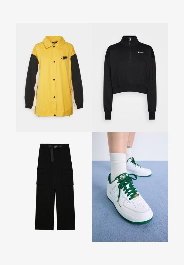 Jaded London OVERSIZED TRACK JACKET - Μπουφάν προπόνησης - yellow; Μαύρος κοντός φούτερ με ψηλό γιακά, μισό φερμουάρ, ραβδωτές μανσέτες και μικρό λευκό λογότυπο Nike στο αριστερό στήθος. Μαλακή υφή υφάσματος.; Μαύρο cargo παντελόνι με φαρδιά γραμμή, ελαστική μέση με ζώνη και δύο μεγάλα πλαϊνά τσέπες για αποθήκευση.; Λευκά δερμάτινα παπούτσια Nike Air Force 1 με πράσινες λεπτομέρειες, κορδόνια και σόλα; διαθέτουν τρυπητή μύτη και χρυσές λεπτομέρειες στην περιοχή των κορδονιών.