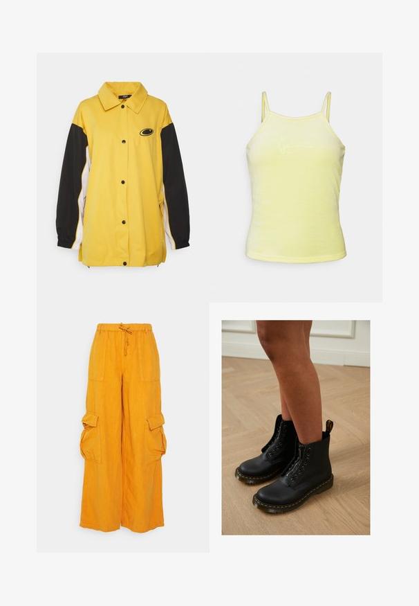 Jaded London OVERSIZED TRACK JACKET - Veste de survêtement - yellow; Débardeur jaune sans manches avec une texture douce, présentant des bretelles fines et un design brodé subtil sur le devant.; BDG Urban Outfitters BDG LUCA - Pantalon cargo - orange; Bottines en cuir noir avec fermeture éclair et design à lacets, arborant des coutures jaunes et une semelle épaisse et texturée.
