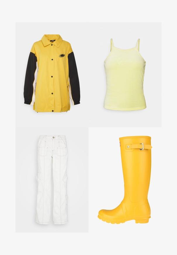 Jaded London OVERSIZED TRACK JACKET - Veste de survêtement - yellow; Débardeur jaune sans manches avec une texture douce, présentant des bretelles fines et un design brodé subtil sur le devant.; BDG Urban Outfitters Jean boyfriend - white; Botte de pluie en caoutchouc jaune avec une surface lisse, une sangle à boucle réglable et une semelle texturée pour une meilleure adhérence. Design haut, orteil arrondi et corps sans couture.
