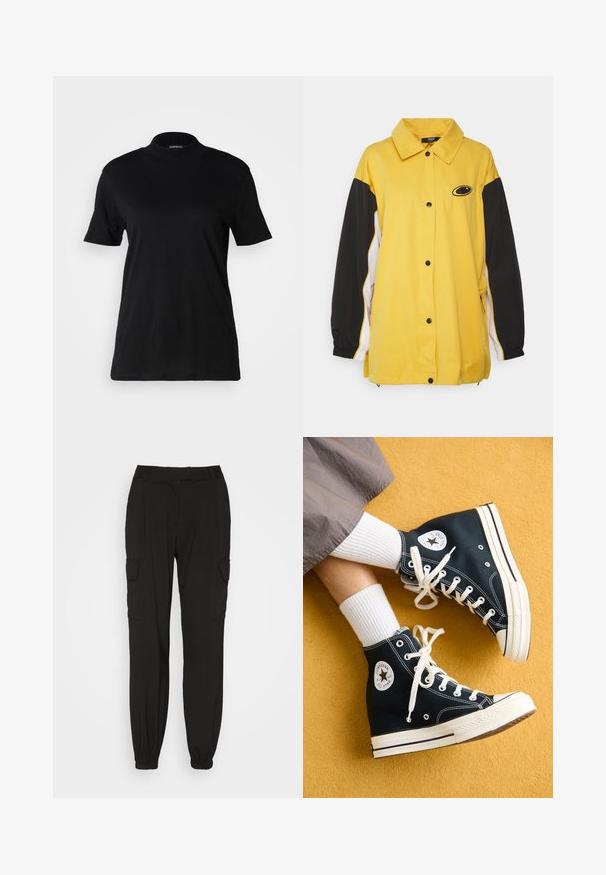Jaded London OVERSIZED TRACK JACKET - Chaqueta de entrenamiento - yellow; Camiseta negra de manga corta con un cuello alto, hecha de tela de algodón suave. Diseño simple sin patrones ni gráficos visibles.; Pantalones cargo negros hechos de una tela ligera, con bolsillos laterales, una cintura elástica y puños elásticos en los tobillos.; Zapatillas altas de lona negras con cordones blancos y suelas de goma, que cuentan con un logotipo redondo de Converse All Star en el lado exterior.