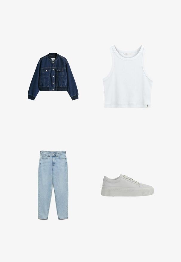 Dunkelblaue Jeansjacke mit Knopfleiste, zwei Klapp-Brusttaschen, geripptem Kragen, Bündchen und Taillenbund.; Weißes, geripptes, ärmelloses Baumwoll-Crop-Top mit rundem Ausschnitt und kleinem Markenlabel am Saum.; Hellblaue High-Waist-Jeans aus Denim mit Vordertaschen, Gürtelschlaufen, Knopfleiste und verjüngten Beinen auf weißem Hintergrund.; Weiße Sneaker mit einer strukturierten Oberfläche, runder Zehenpartie, flacher Plattformsohle und goldenen Ösen für die Schnürsenkel, die ein minimalistisches Design aufweisen.