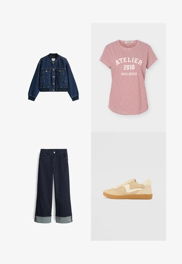 Dunkelblaue Jeansjacke mit Knopfleiste, zwei Klapp-Brusttaschen, geripptem Kragen, Bündchen und Taillenbund.; Rot-weiß dünn gestreiftes Kurzarm-T-Shirt mit dem Aufdruck "ATELIER 2010 MOS MOSH" in Weiß auf der Vorderseite.; Dunkelblaue Denim-Jeans mit weitem Bein und hoher Taille, mit umgeschlagenen Säumen in einem helleren Blauton und klassischem Vier-Taschen-Design.; Beige Sneaker aus Wildleder und Mesh-Materialien, runde Form, auffälliger gepolsterter Kragen und eine Sohle aus Gummi. Verfügt über ein wellenförmiges Design-Highlight.