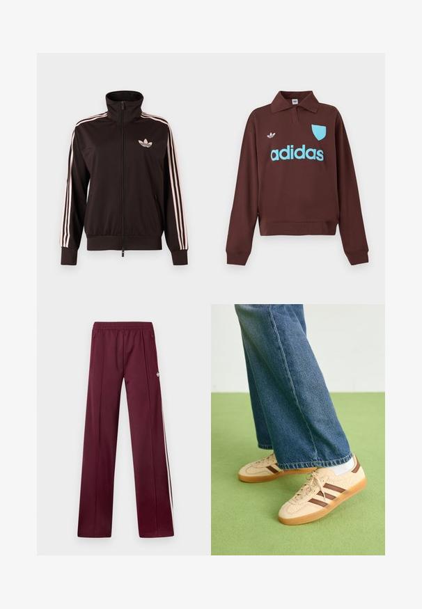 Sort lynlåstrøje med lyserøde tre striber på ærmerne og lyserødt Adidas trebladet logo på venstre bryst, ståkrave, forlommer.; Brun sweatshirt med polo krave, der har en lys blå "adidas" logo og skjolddetalje, lavet af blødt stof med en afslappet pasform.; Bordeaux løbebukser med elastisk taljebånd, sidelommer med lynlås, hvide sidelommer og et lille hvidt Adidas-logo på højre lår.; Beige sneakers med teksturerede cremefarvede paneler og brune striber, parret med blå denim jeans. Jeansene har brede ben og en frynset kant.